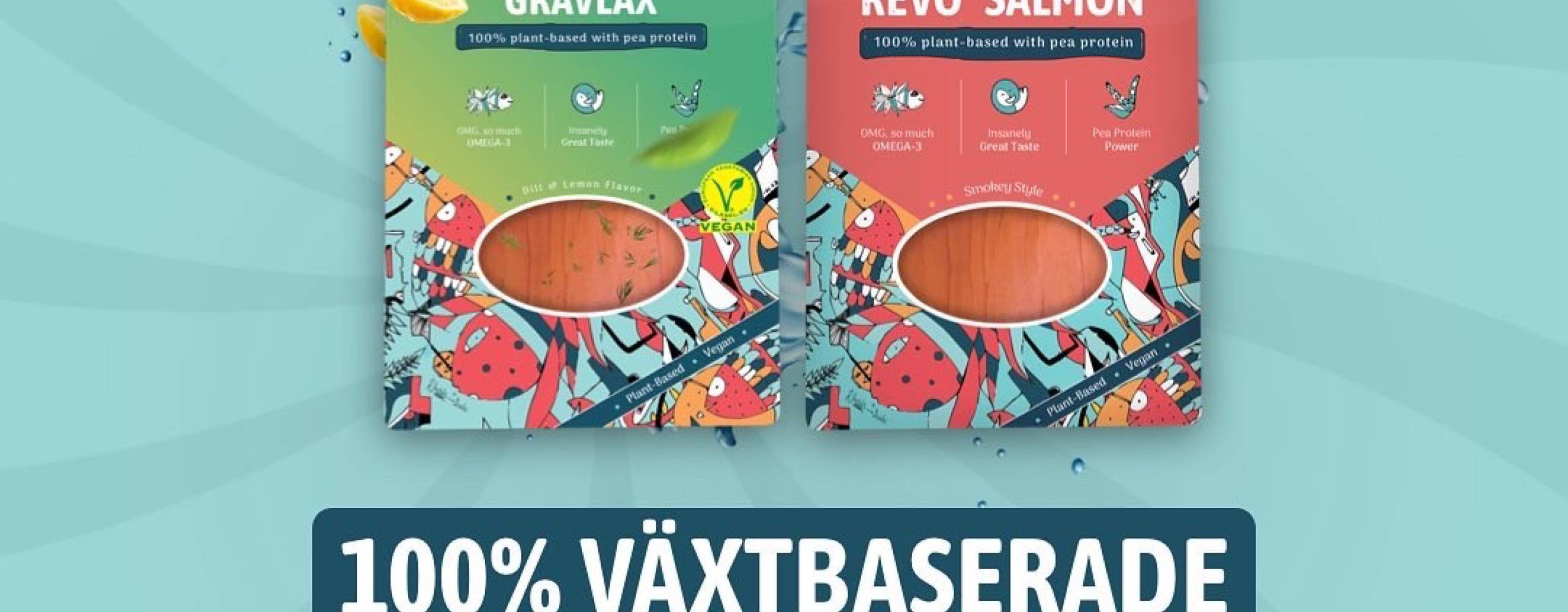 Två paket med växtbaserade laxsubstitut mot en ljusblå bakgrund.