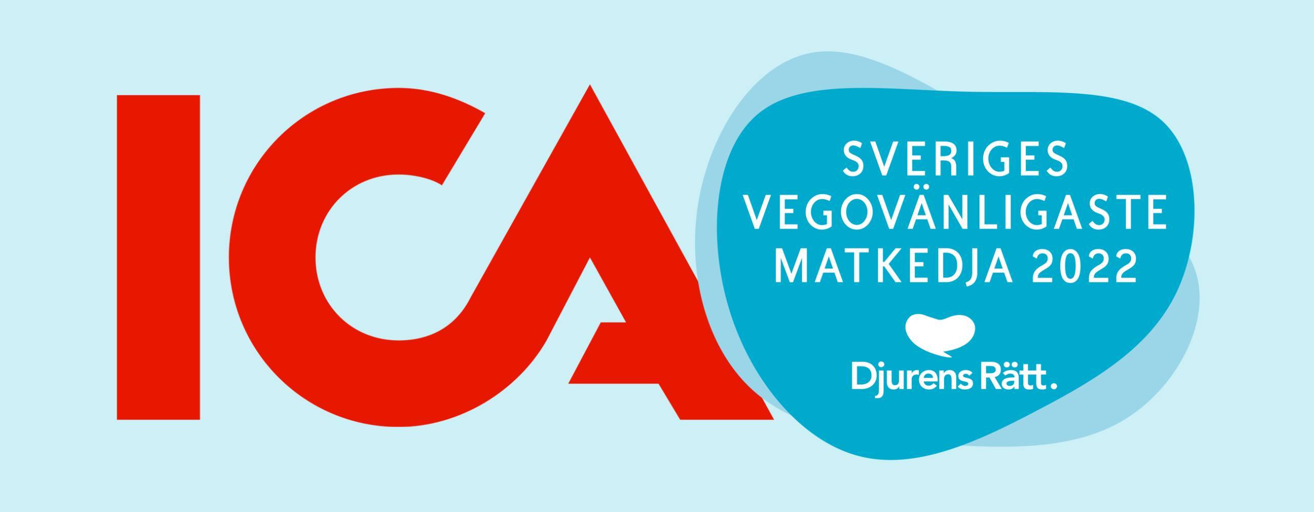 ICA loggan och en logga där det står "sveriges vegovänligaste matkedja 2022" mote en ljusblå bakgrund