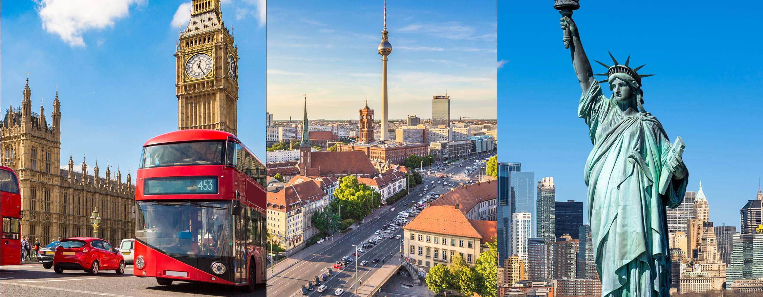 Översiktsvyer på London, Berlin och New York.