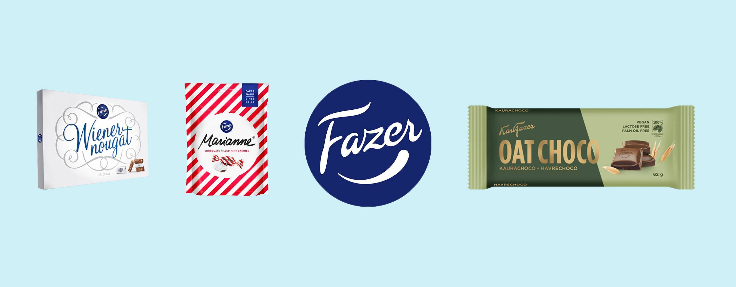 Fazers olika veganska chokladprodukter uppradade mot en ljusblå bakgrund