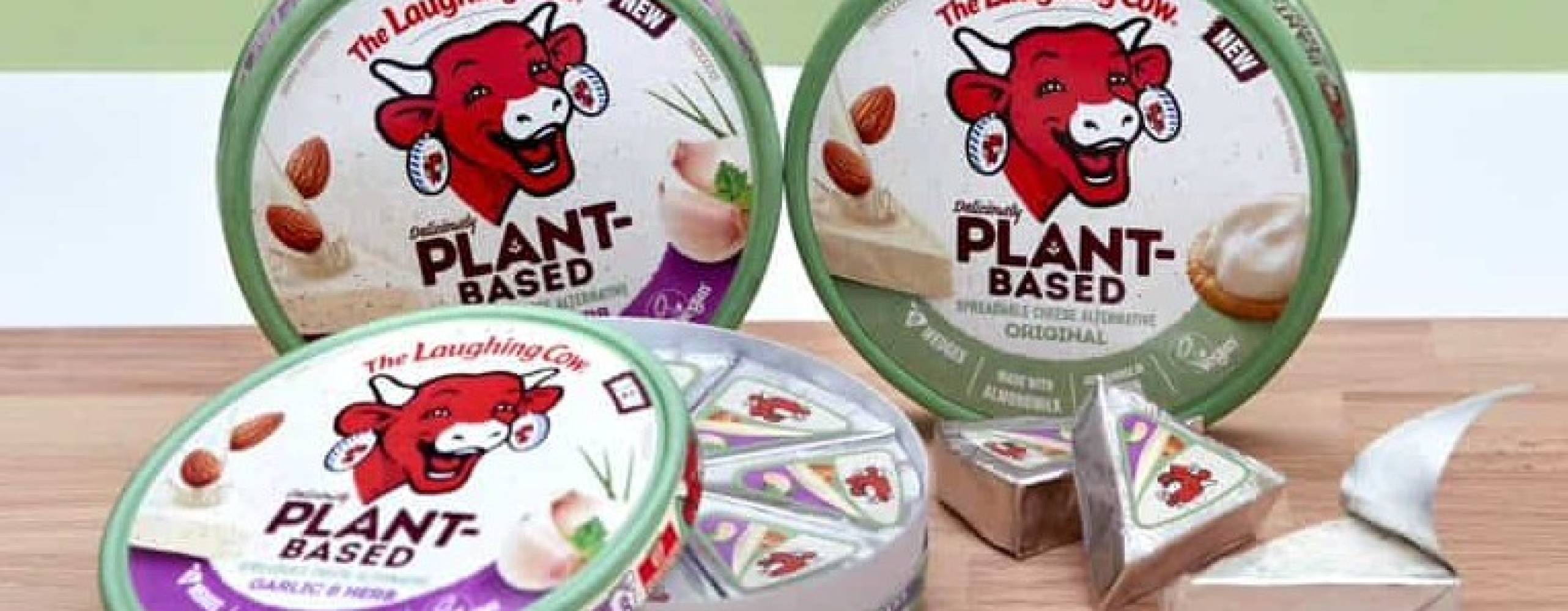 Tre hjul med vegansk mjukost i uppställda på ett träbord mot en ljusgrön vägg