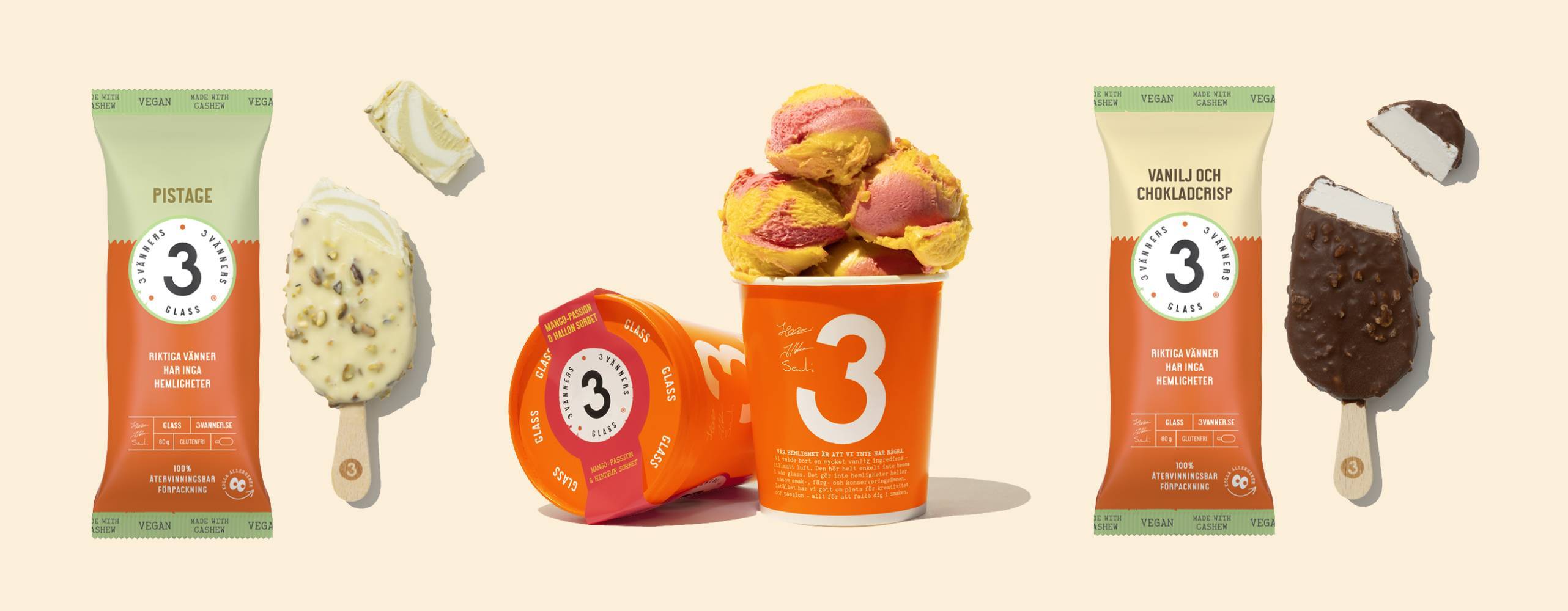 Tre veganska glassar uppradade mot en ljusgul bakgrund