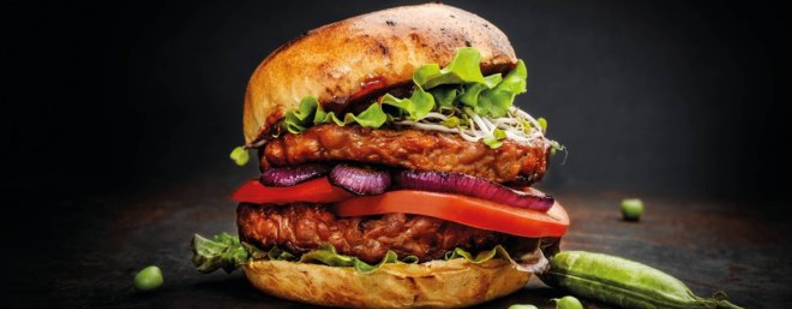 En tempehburgare mot en svart bakgrund.