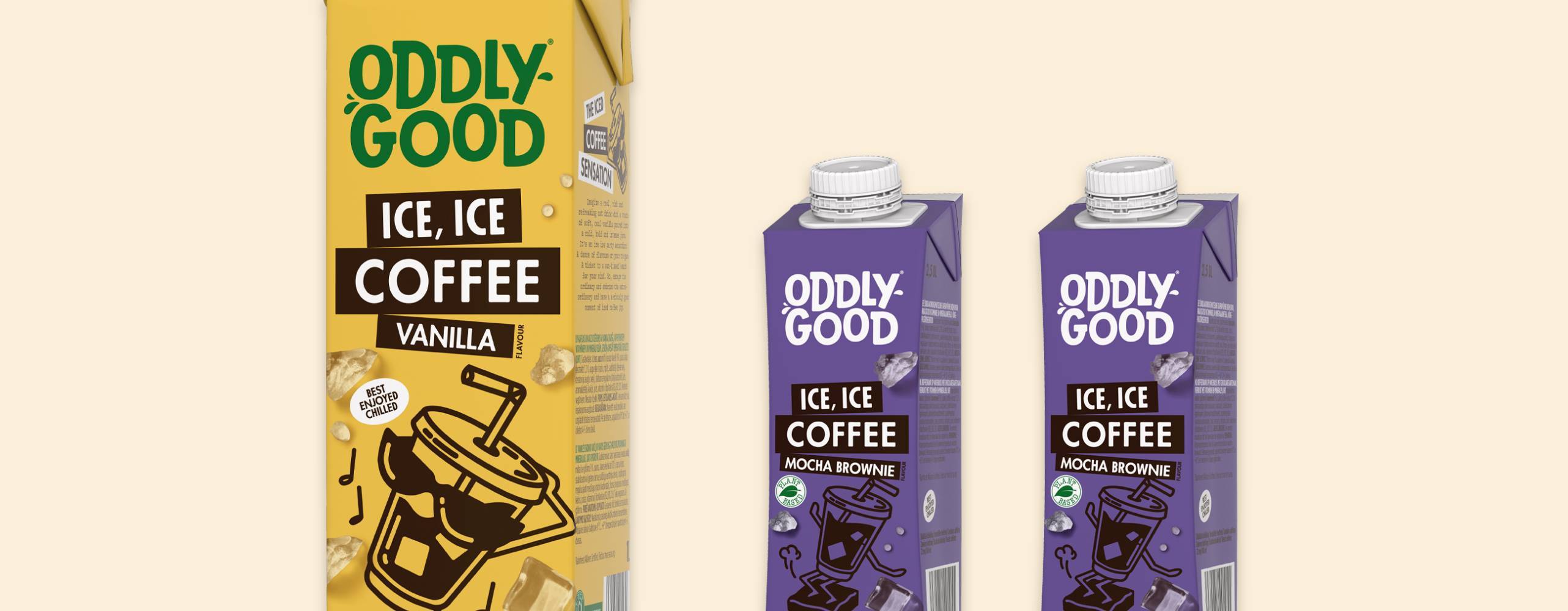 Tre förpackningar växtbaserade drycker uppradade mor en ljusgul bakgrund