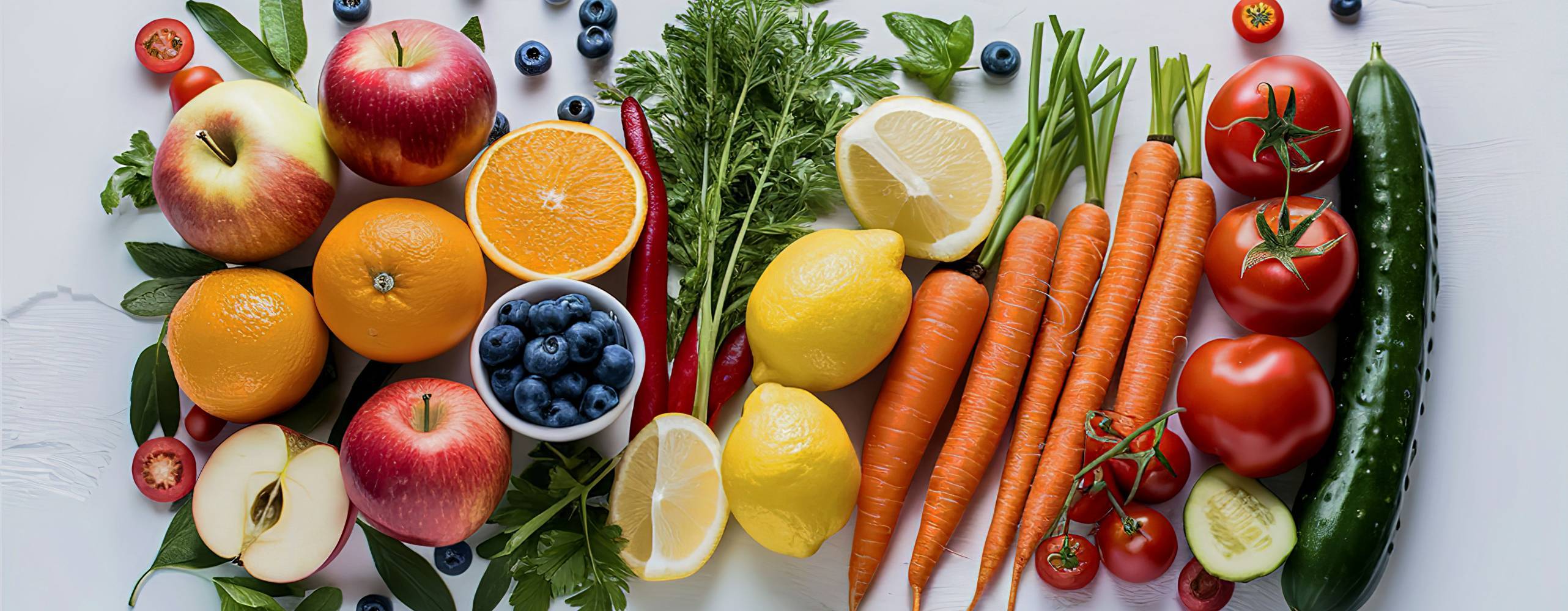 Frukt och grönt uppradat på ett vitt bord