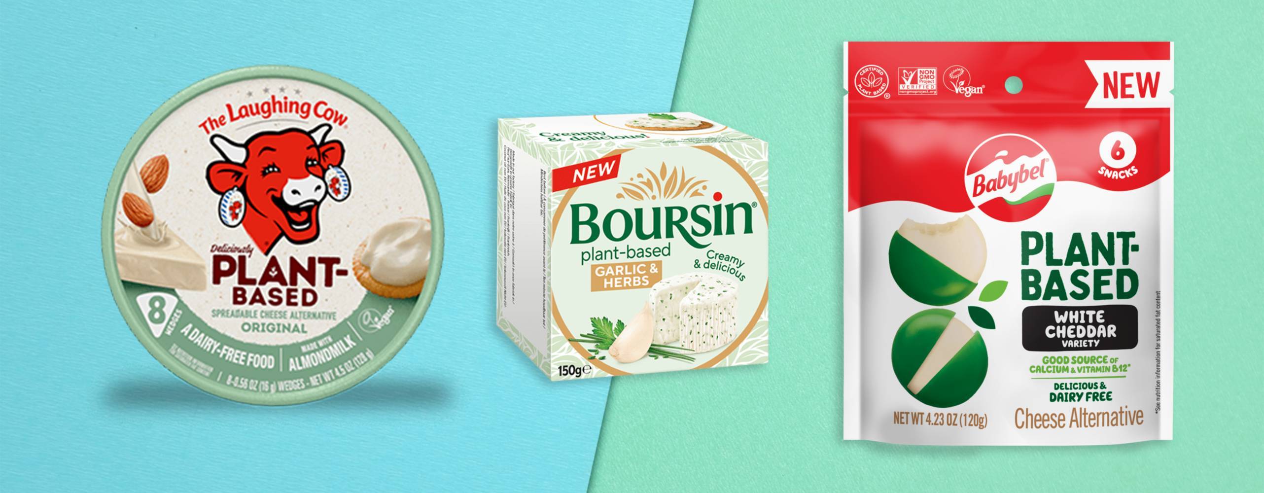 Tre växtbaserade ostar från Bel Group på en bakgrund som är blå och grön